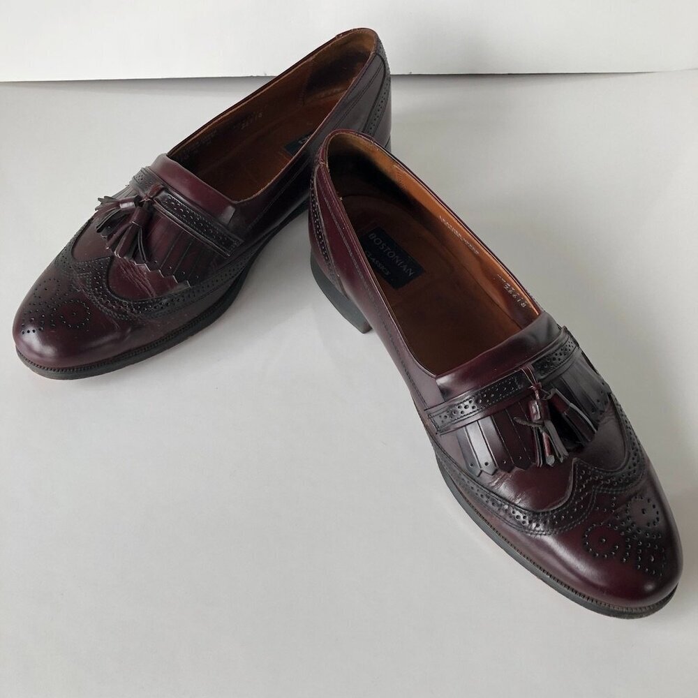 BOSTONIAN CLASSICS Burgundy Leather Tassel Kiltie Wingtip Brogue Slip Ons 10.5 M
